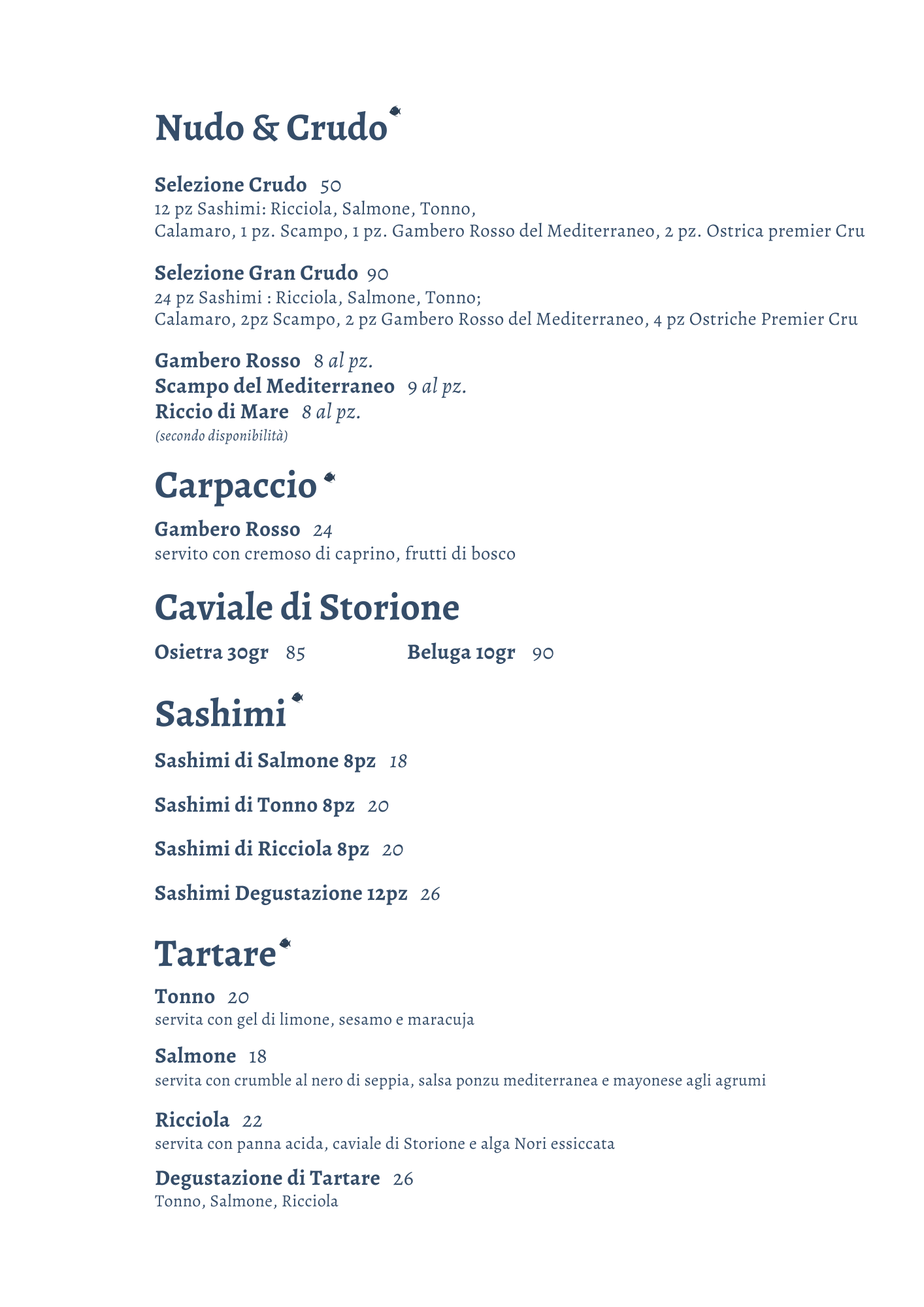 Menu Crudo Salerno con crudi di mare e piatti di pesce